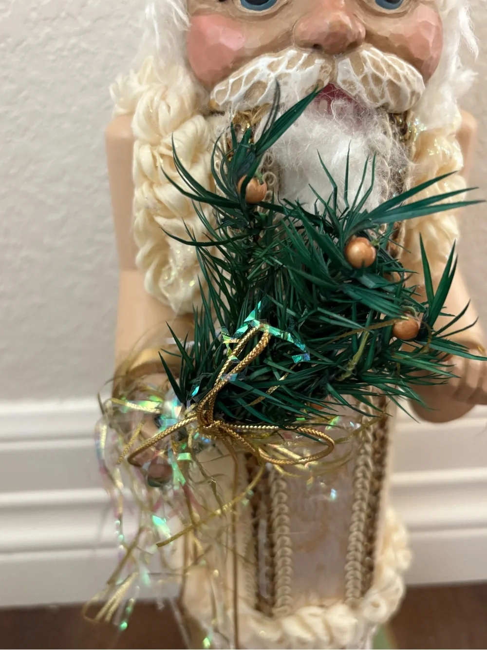 Vintage Wooden Santa Claus Nutcracker Figurine White Gold Elegant Holiday Decor